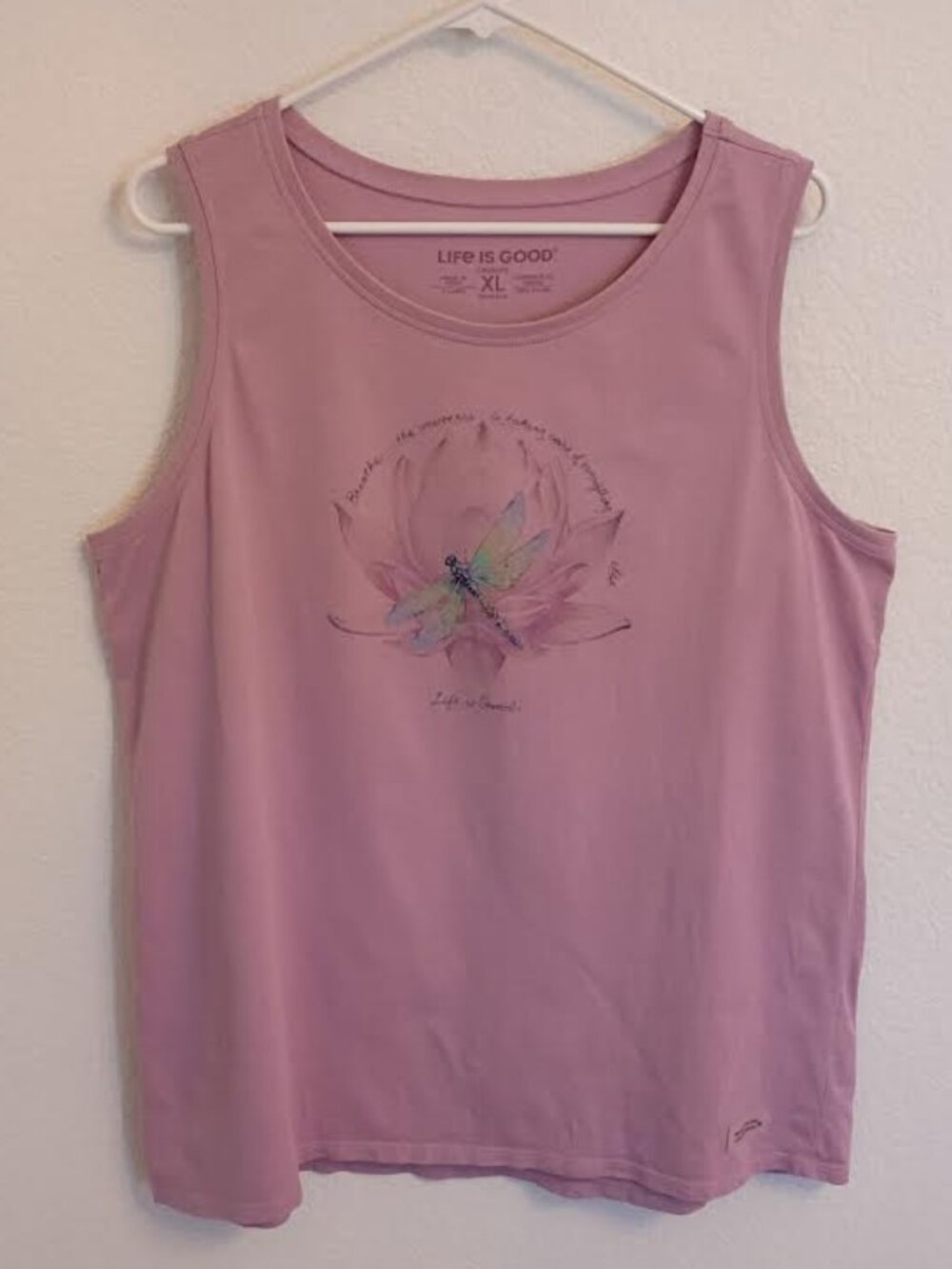 LIFE IS GOOD CRUSHER WOMEN'S TANK TOP LAVENDER DRAGONFLY FLOWER BREATHE SIZE XL